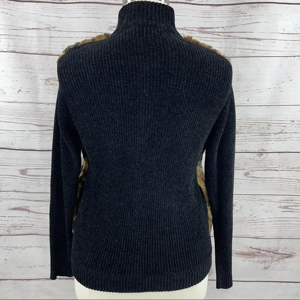 Lisa International faux fur animal print sweater zip front high neck